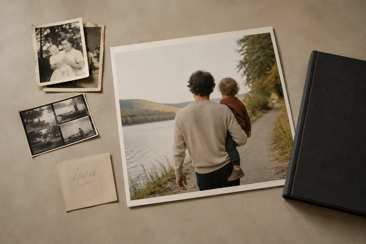 Contemporary and archival family photographs arranged for a commissioned film