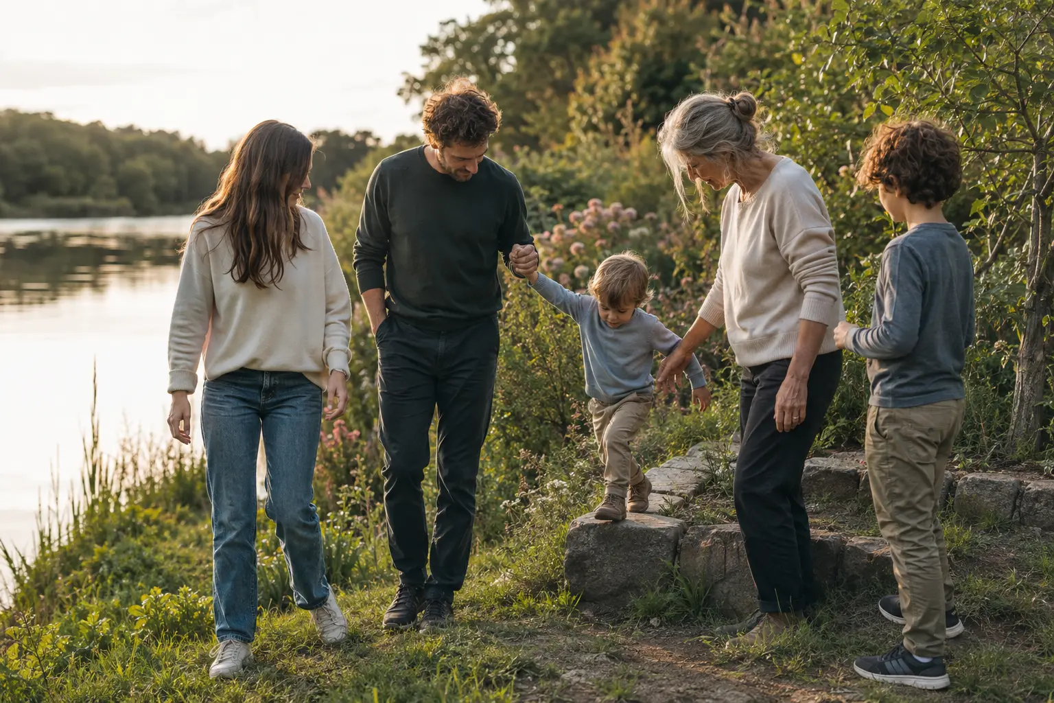 A family sharing a relaxed weekend afternoon outdoors